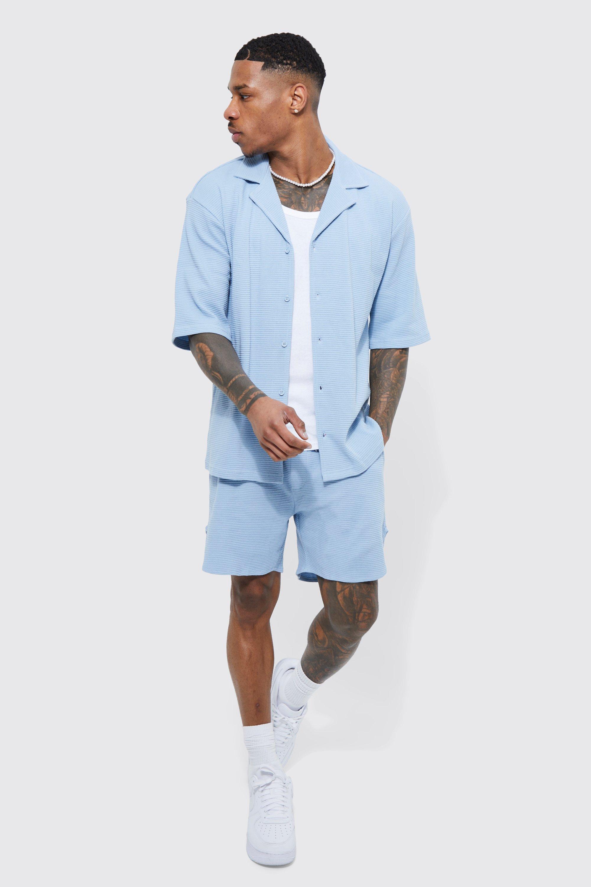 Mens Blue Double Knit Jersey Texture Short Sleeve Shirt And Short Set, Blue